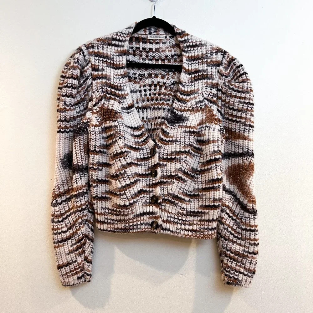 Ulla Johnson Greta Marled Alpaca Puff Sleeve Knit Striped Cardigan Sweater Small - Picture 4 of 14
